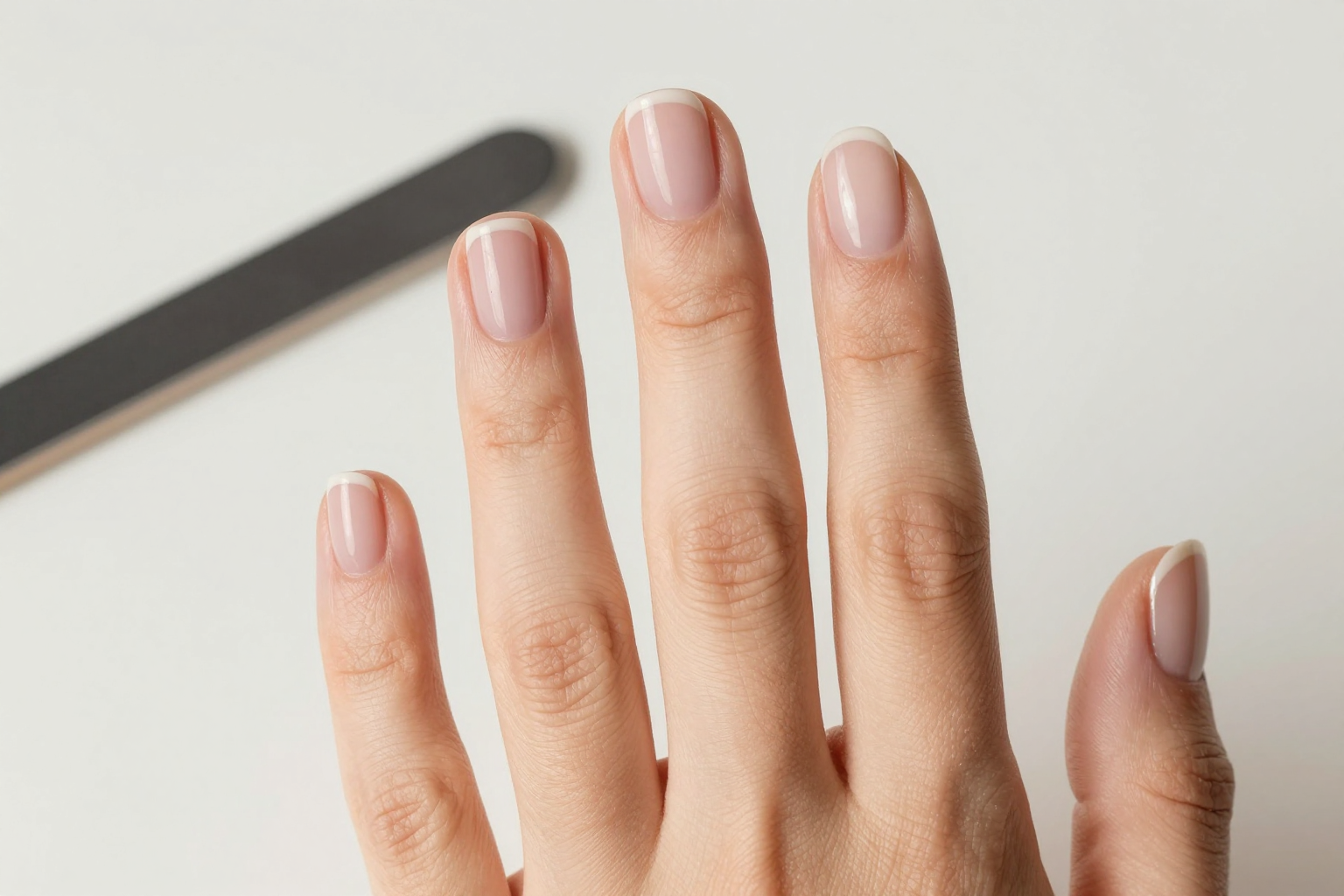 Short nail art on a realistic five-finger hand with a clean manicure setup that supports a DIY versus salon comparison.