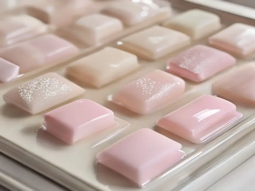 Close-up of very short squoval nail swatches in soft pink and nude finishes on a salon palette.