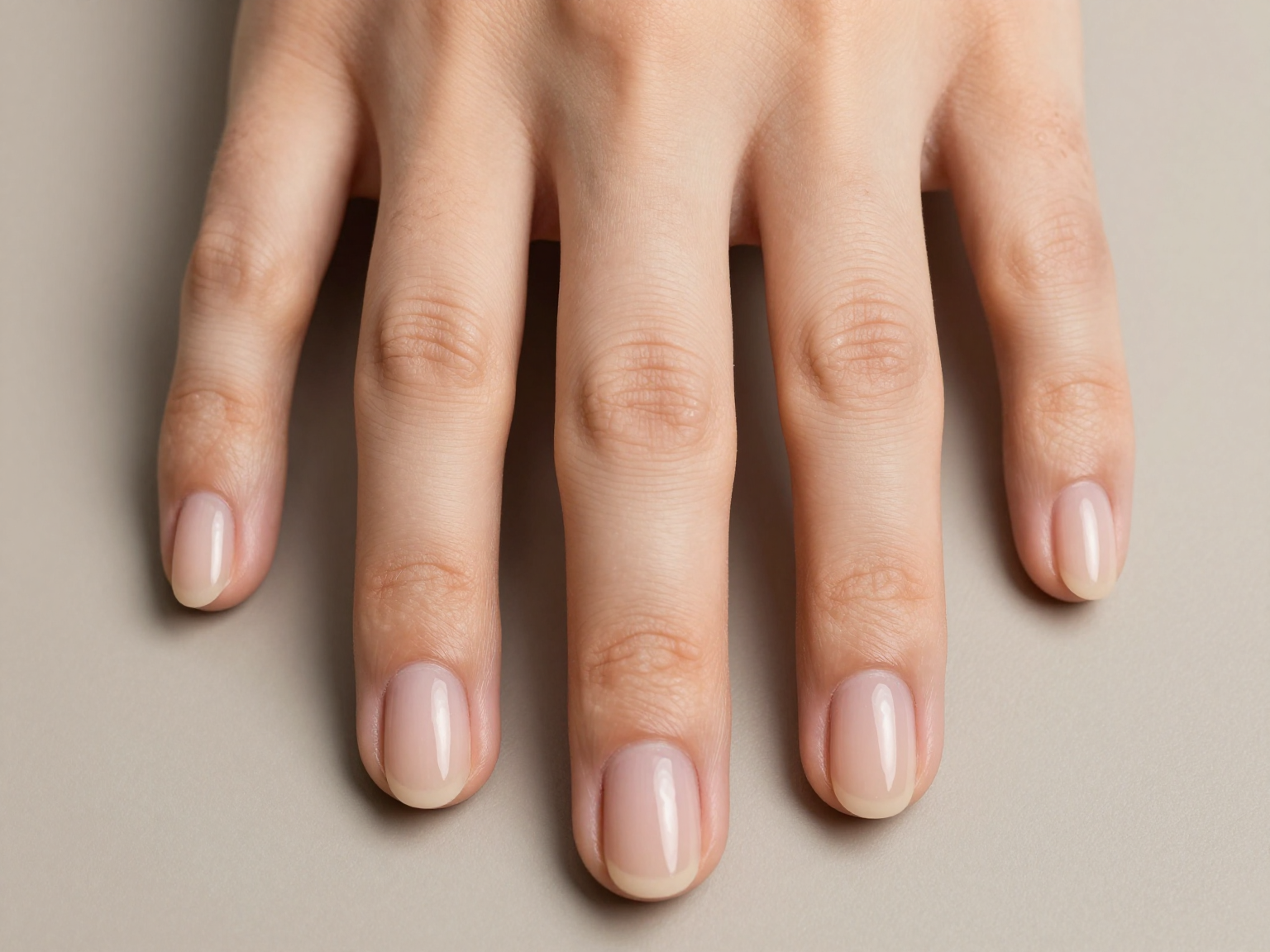 Top-down close-up of short natural nails in glossy milky nude and sheer beige shades.