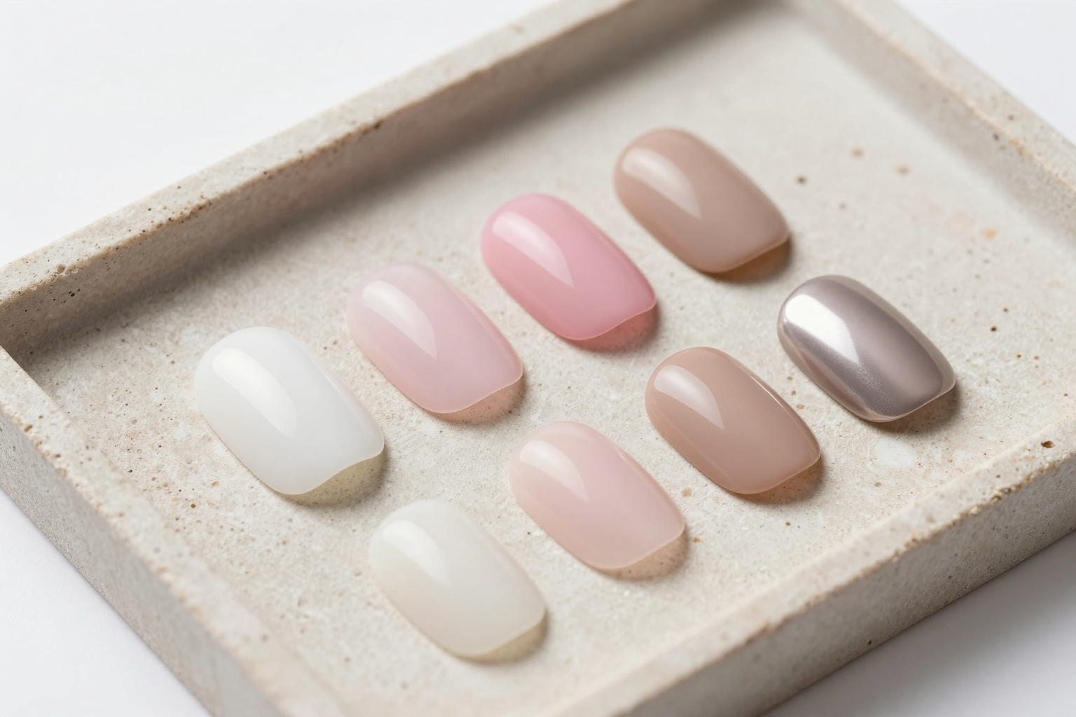 Salon display tray with minimalist nail swatches in milky white, sheer pink, nude beige, and subtle chrome.
