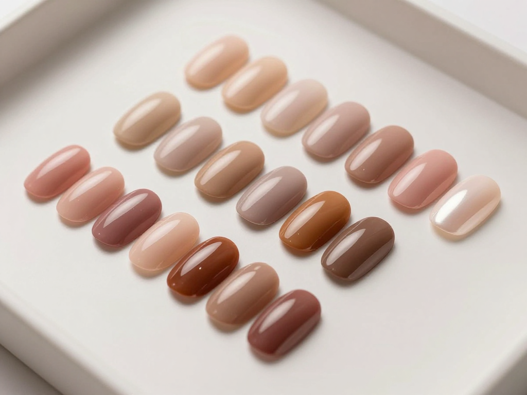 A realistic salon swatch display showing nude manicure shades in rosy beige, taupe, mocha, and soft pearl tones.