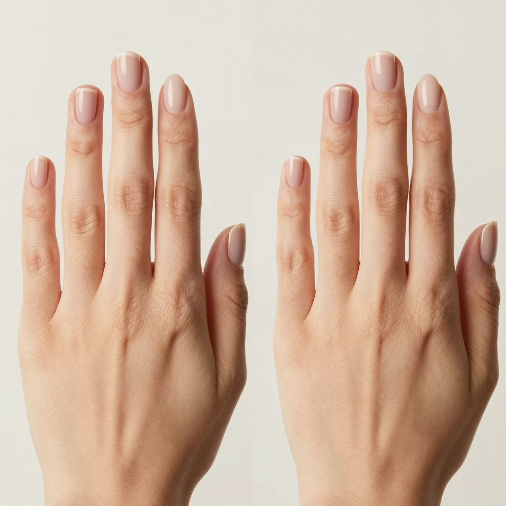 Side-by-side comparison of short round nails and short squoval nails with clean nude manicures.