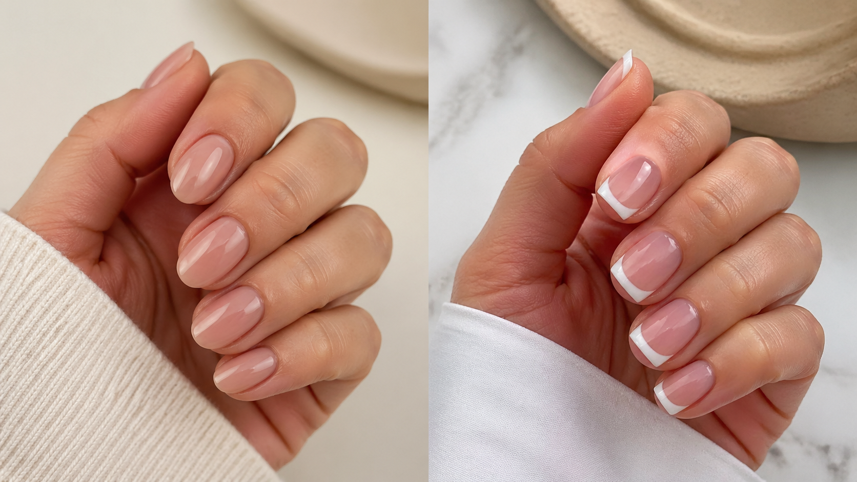 Short almond nails with a soft nude finish beside short square nails with crisp French tips in a side-by-side comparison.