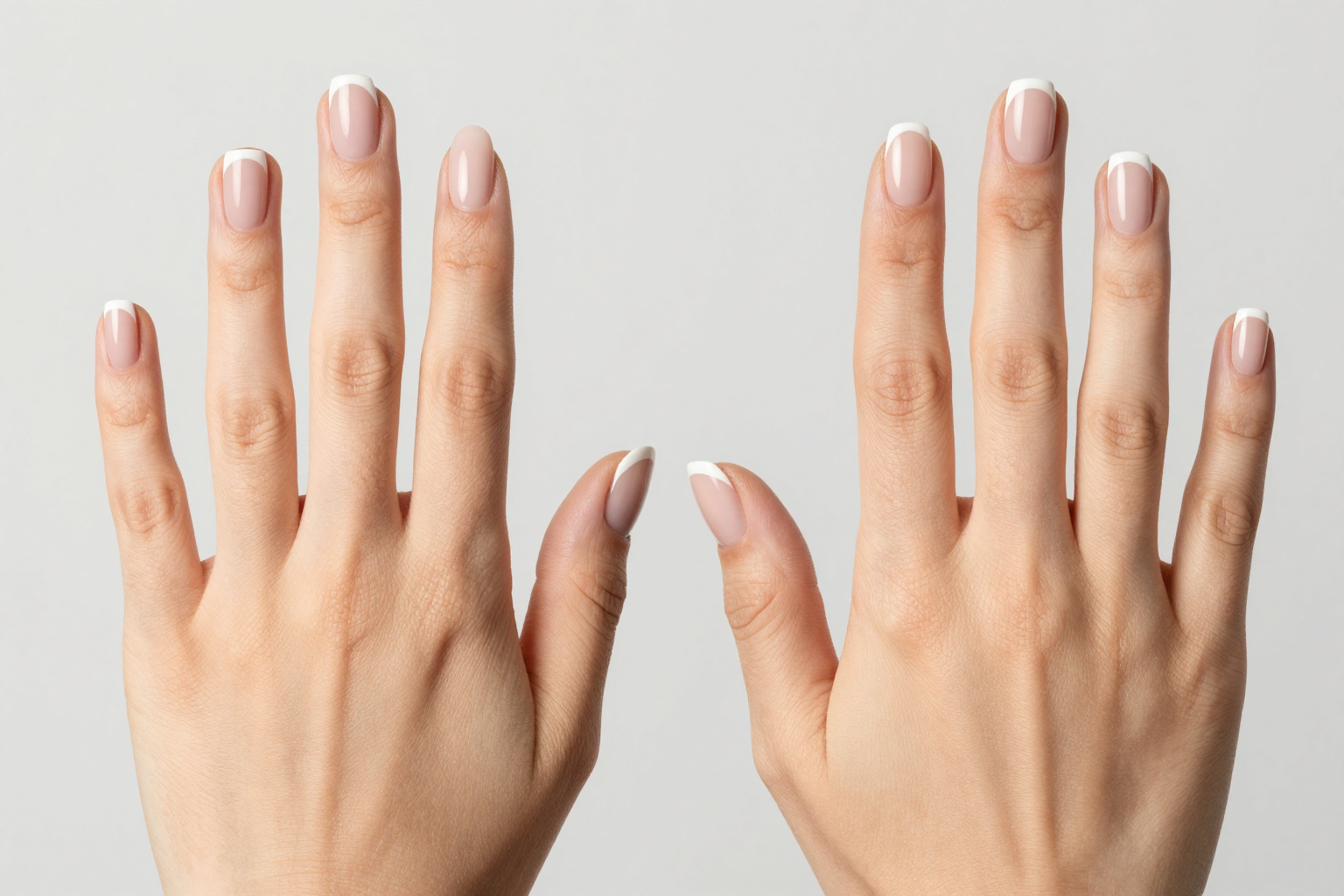 Short almond nails with a soft nude finish beside short square nails with crisp French tips in a side-by-side comparison.