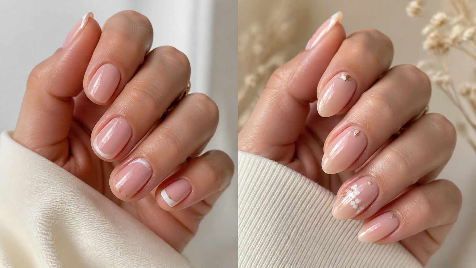 Side-by-side comparison of short oval nails and short almond nails with soft glossy manicure styling.
