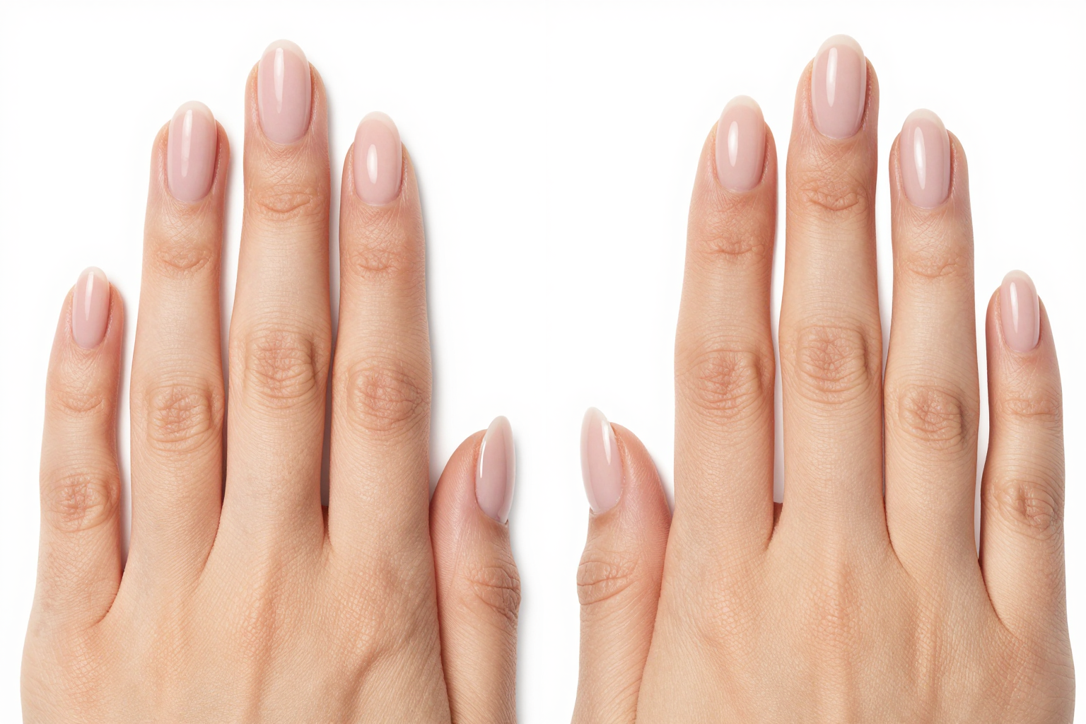 Side-by-side comparison of short oval nails and short almond nails with soft glossy manicure styling.