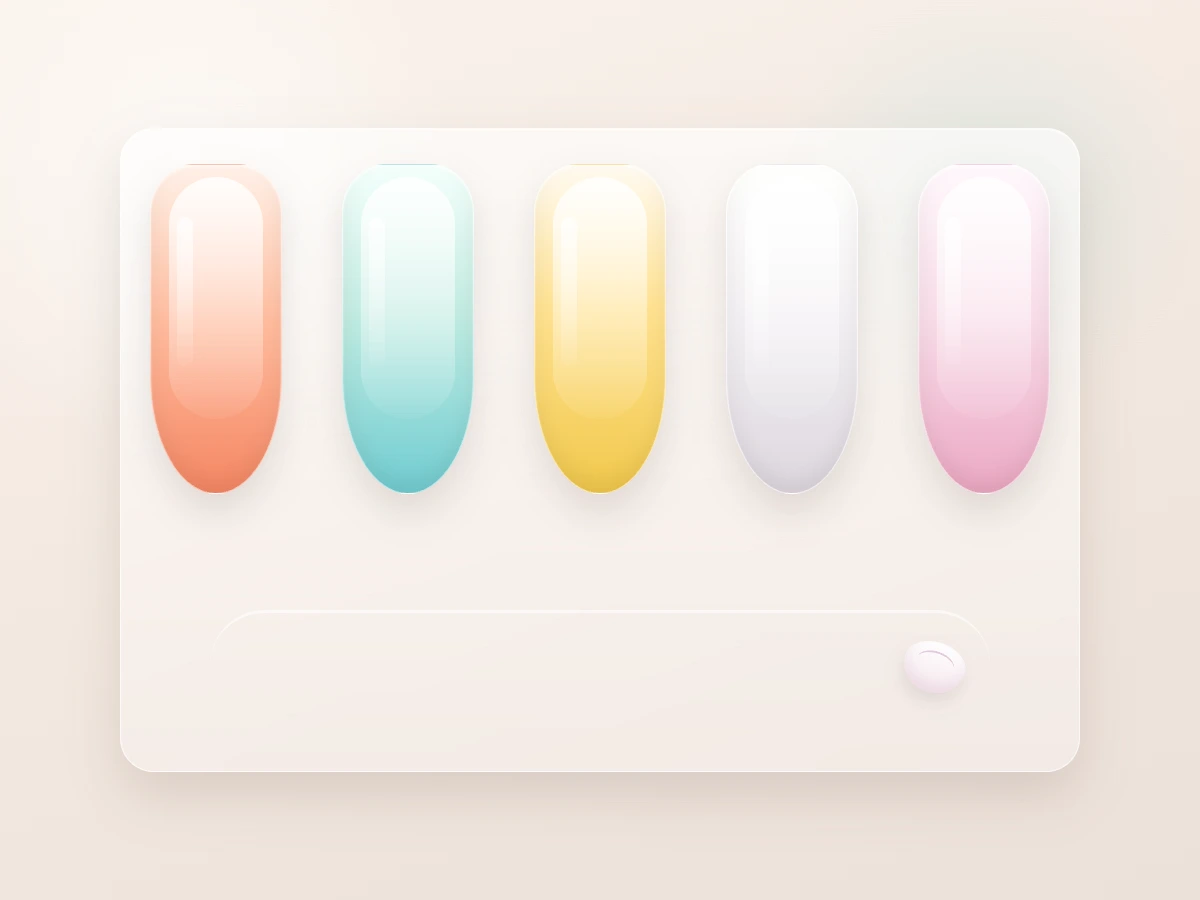 A salon-style display of summer manicure colors in coral, sea-glass blue, milky white, butter yellow, and sheer pink.