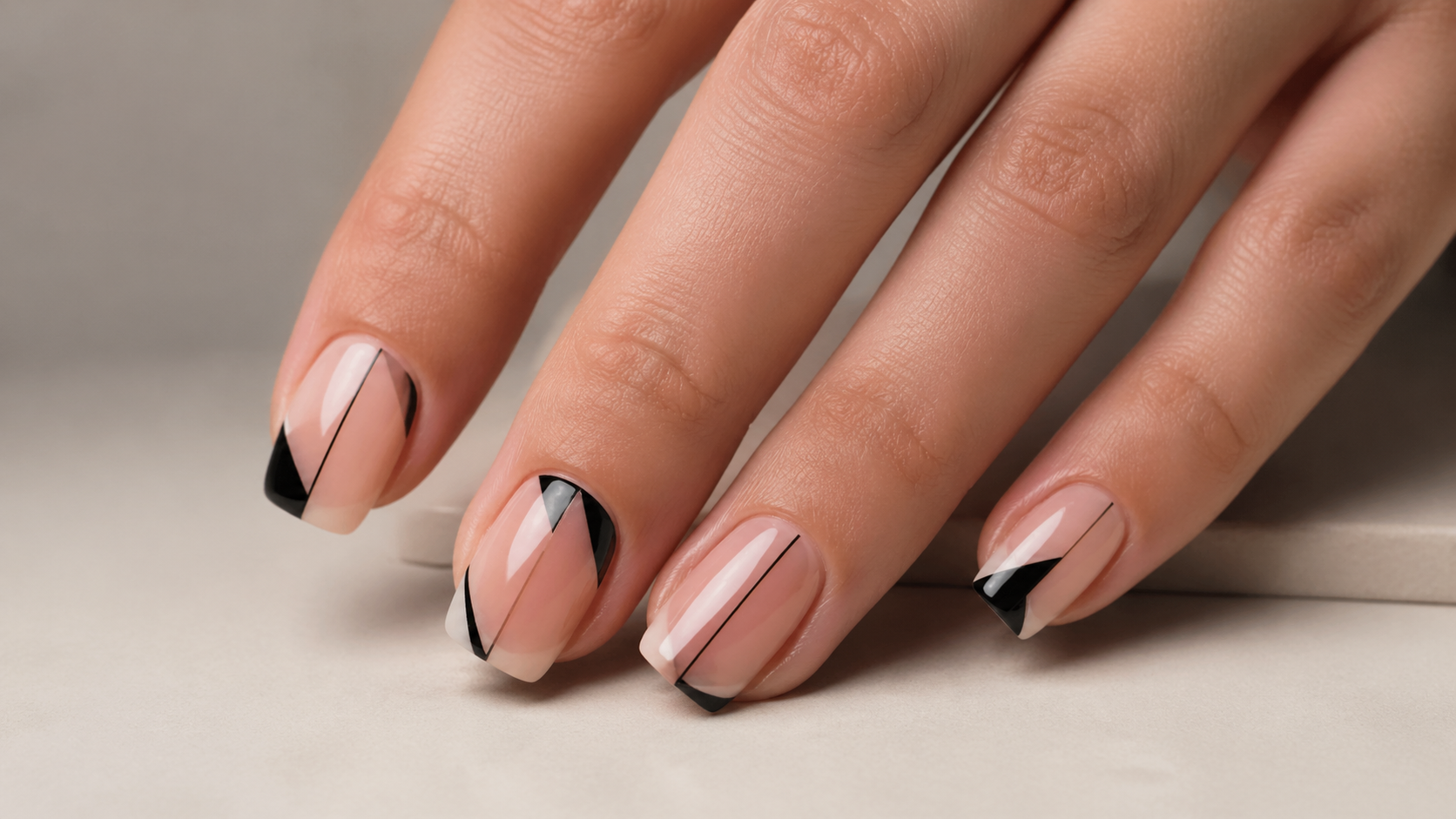 Geometric negative space designs that use the natural nail as part of the art.
