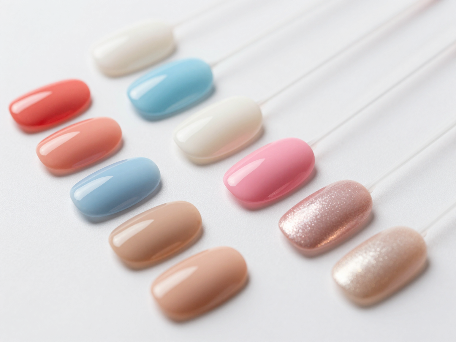 A salon-style set of manicure sample tips comparing coral, sea-glass blue, creamy white, tropical pink, sandy nude, and soft shimmer shades.