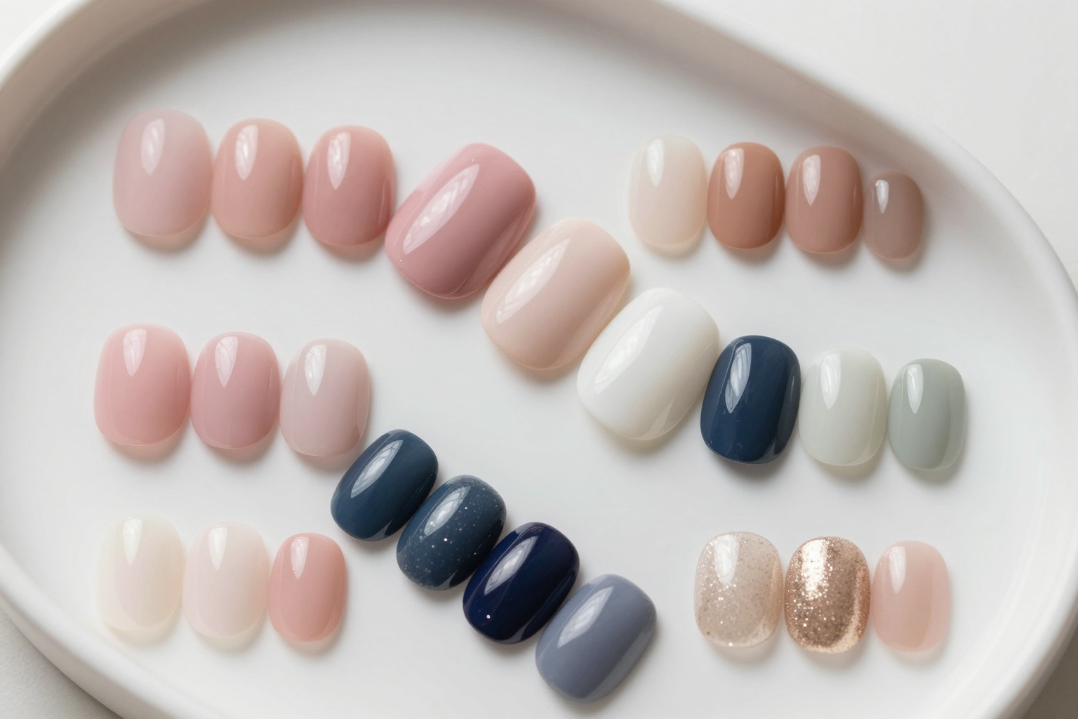 Salon palette board comparing blush pink, rosy beige, milky white, soft sage, navy, and champagne manicure shades for wedding guest looks.