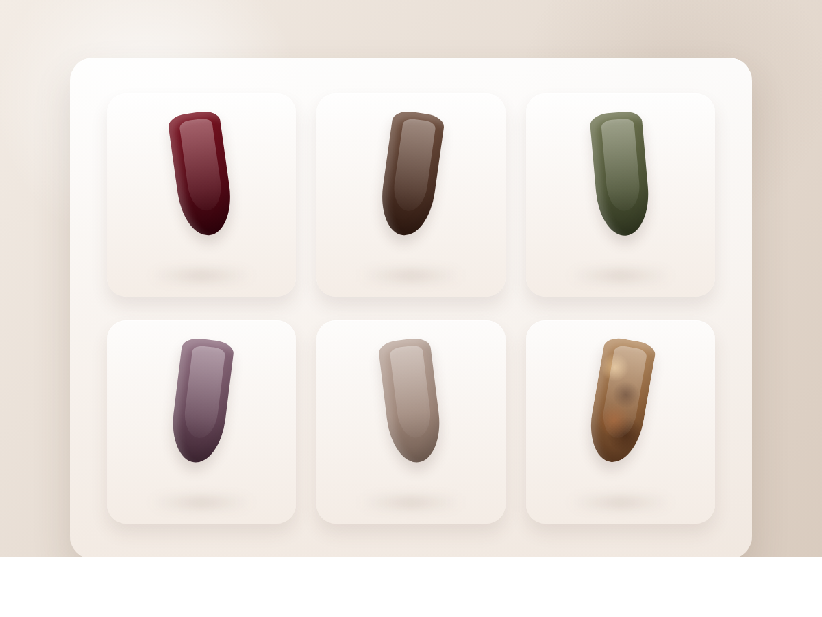 A salon-style display of fall manicure colors in cherry red, cocoa brown, olive green, dusty plum, taupe, and tortoiseshell.